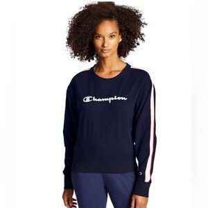 Champion | Heritage Varsity Logo Fleece Crewneck Sweatshirt in Navy Size Medium